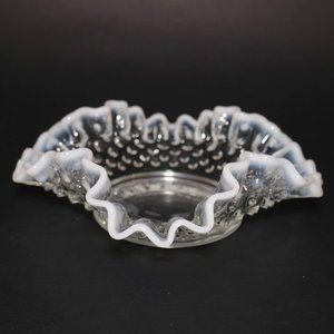 Antique White Opalescent Hobnail Moonstone Vintage Bowl with Ruffled Edges